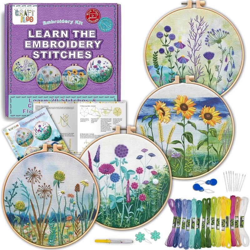 CRAFTILOO 4 Pack Embroidery Kit for Beginners Stamped Cross Stitch Kits for Beginners Needlepoint Kits for Adults Sunflower Cross Stitch Embroidery Kits Needlework Kit DIY Crafts for Woman - Image 1